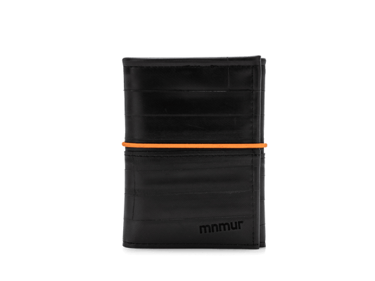 Portafoglio tascabile uomo, piccolo e compatto,verticale, colorato nero e arancione chiusura con elastico con tre scomparti fatto a mano con camere d'aria riciclate, portafoglio vegan, ecologico, eco-friendly, sostenibile, cruelty-free