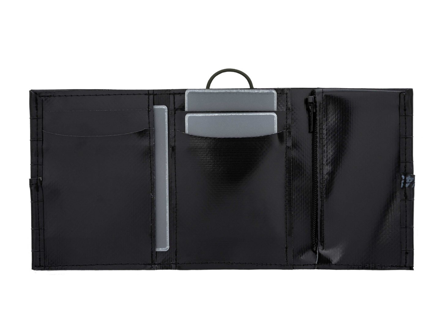 Portafoglio tascabile uomo, piccolo e compatto,verticale, nero, chiusura con elastico con portamonete e portatessere fatto a mano con camere d'aria riciclate, portafoglio vegan, ecologico, eco-friendly, sostenibile, cruelty-free