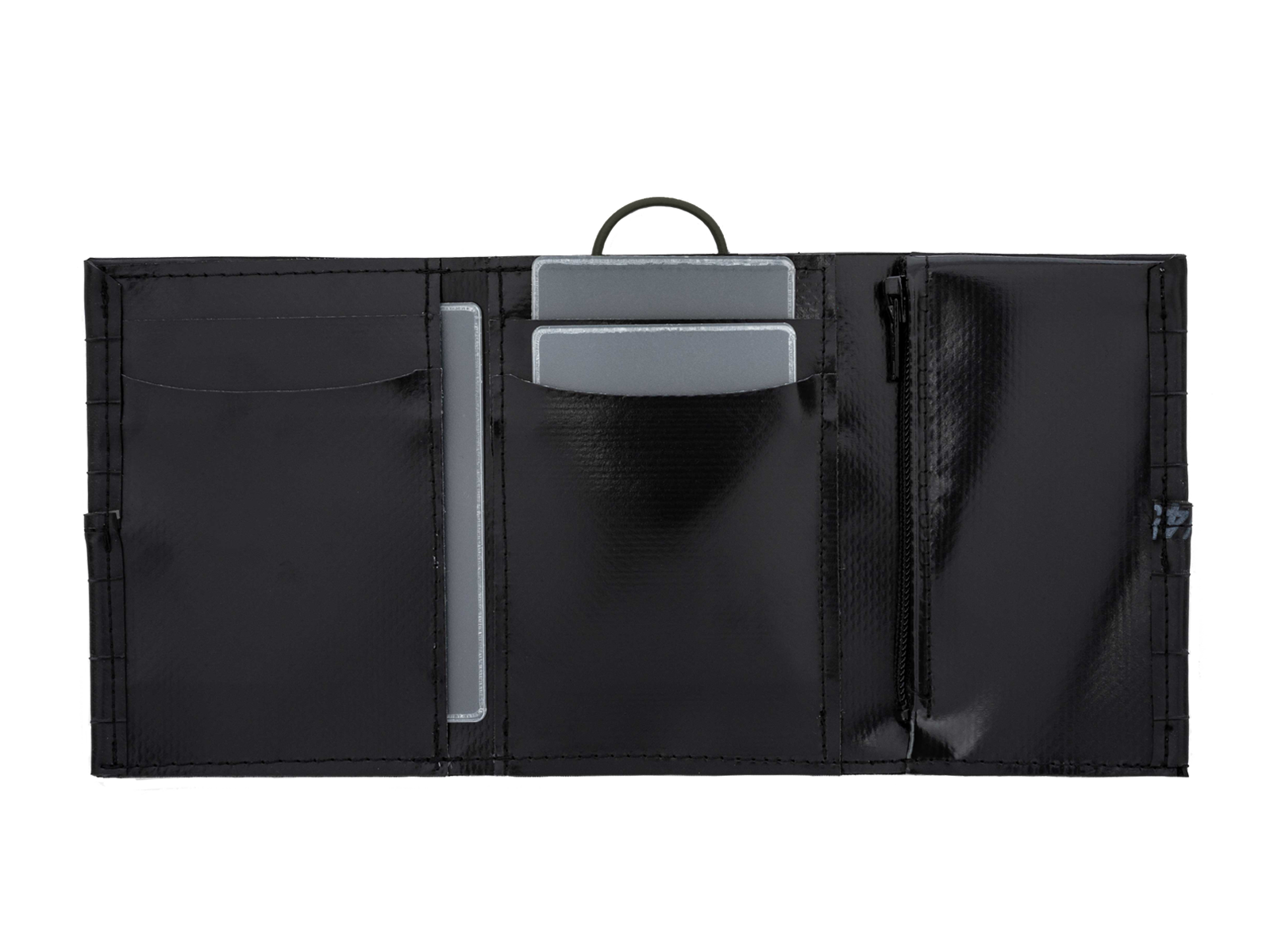 Portafoglio tascabile uomo, piccolo e compatto,verticale, nero, chiusura con elastico con portamonete e portatessere fatto a mano con camere d'aria riciclate, portafoglio vegan, ecologico, eco-friendly, sostenibile, cruelty-free