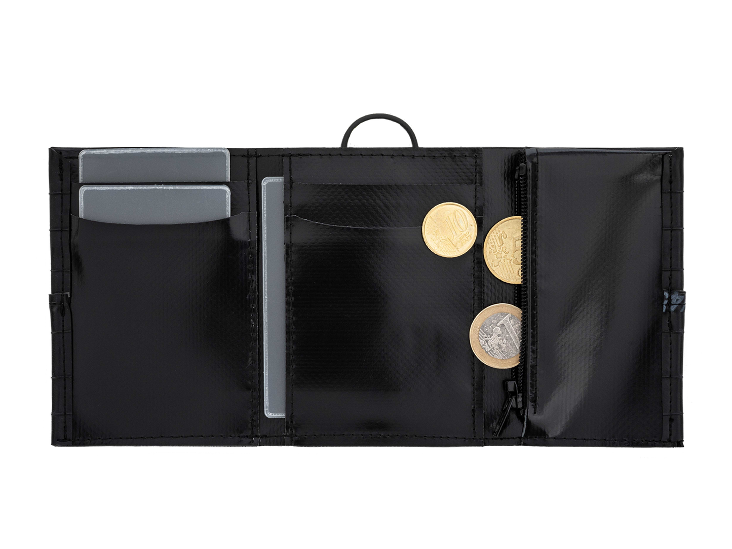 Portafoglio tascabile uomo, piccolo e compatto,verticale, nero, chiusura con elastico con portamonete e portatessere fatto a mano con camere d'aria riciclate, portafoglio vegan, ecologico, eco-friendly, sostenibile, cruelty-free