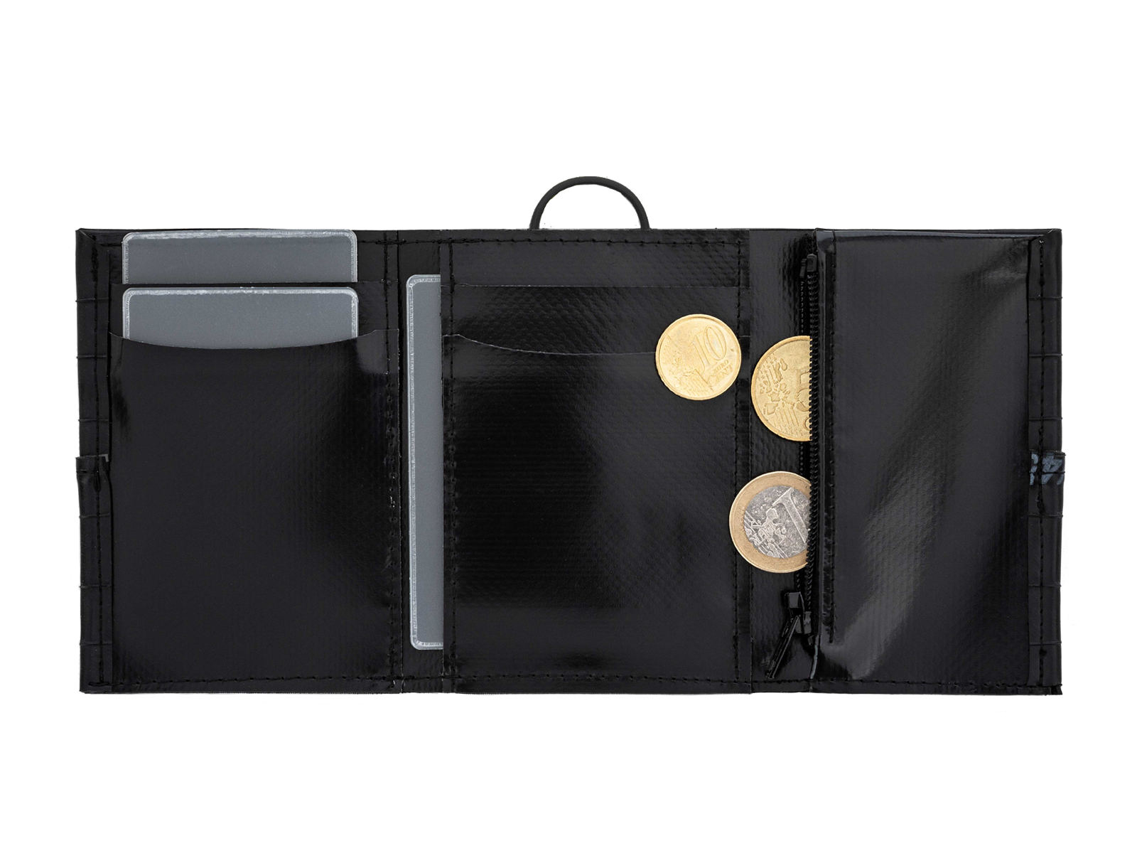 Portafoglio tascabile uomo, piccolo e compatto,verticale, nero, chiusura con elastico con portamonete e portatessere fatto a mano con camere d'aria riciclate, portafoglio vegan, ecologico, eco-friendly, sostenibile, cruelty-free